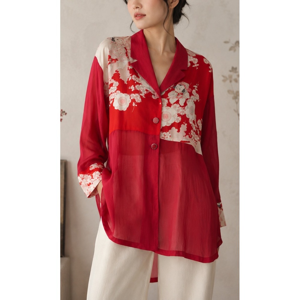 Vintage Itsuko Takeda 100% Silk Kimono Floral Tunic Blouse Red Women No Size - Picture 16 of 16